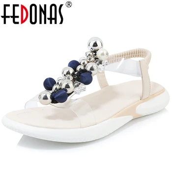 

FEDONAS Women Cow Leather Sandals Sequined Cloth Pearl Rhinestone Crystal Applique Flat With Elastic Band Summer New Shoes Woman