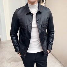 Зимняя хлопковая кожаная куртка, Мужская куртка с воротником из искусственной кожи, Мужская модная брендовая Повседневная облегающая мотоциклетная куртка, черная одежда