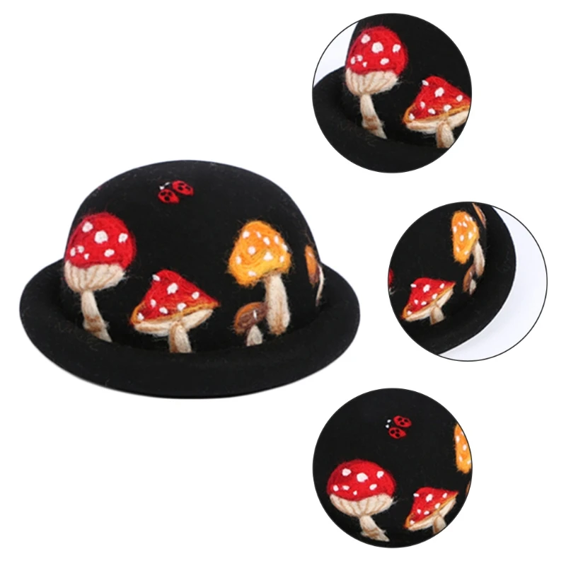 Parent-Child Winter Autumn Faux Wool Felt Jazz Hat Cute Cartoon Mushroom Ladybird Embroidery Vintage Prom Bucket Cap Party Props kangol tropic monty