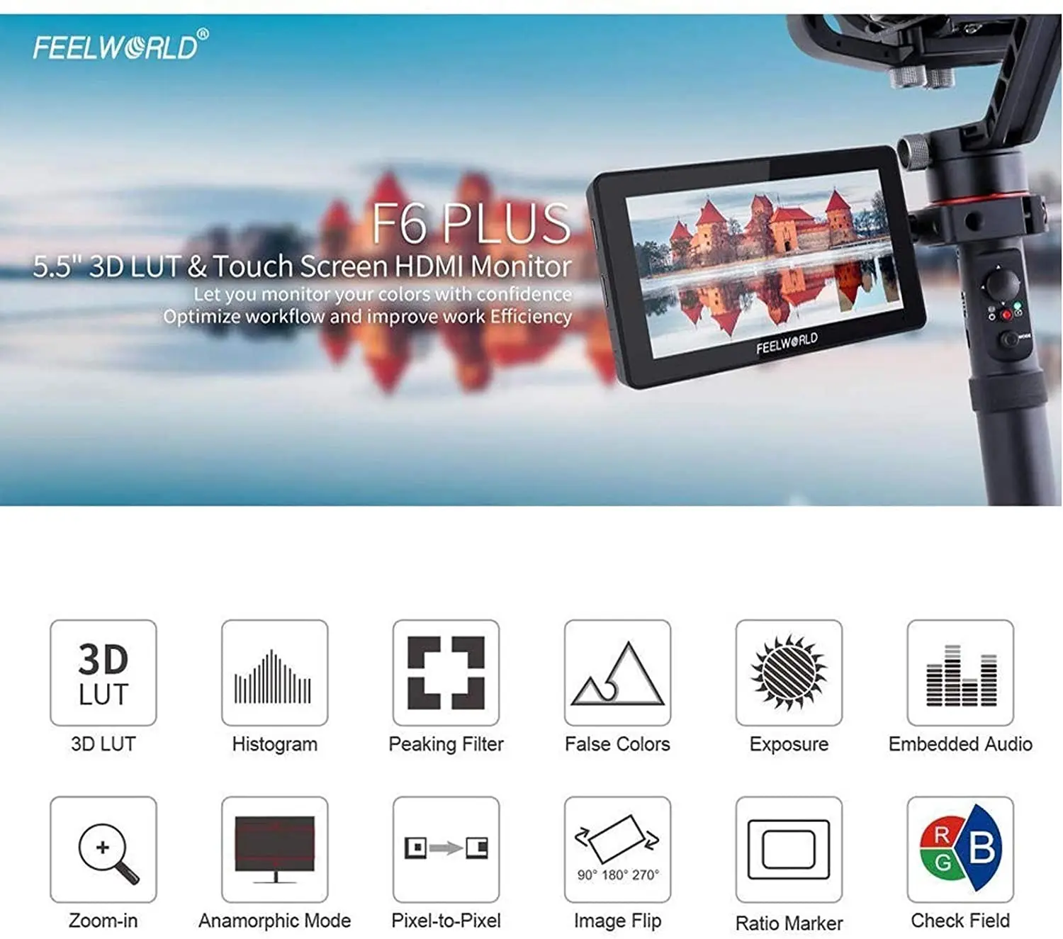 FEELWORLD-F6 Plus V2 6 ġ ī޶ DSLR ʵ , ġ ũ , HDR 3D Lut IPS FHD 1920x1080  Ŀ 