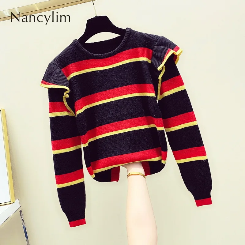 

Stripe Sweater for Women 2019 Autumn and Winter Korean New Rainbow Striped Lotus Leaf Impact Sweater Outwear Pullover Blusas