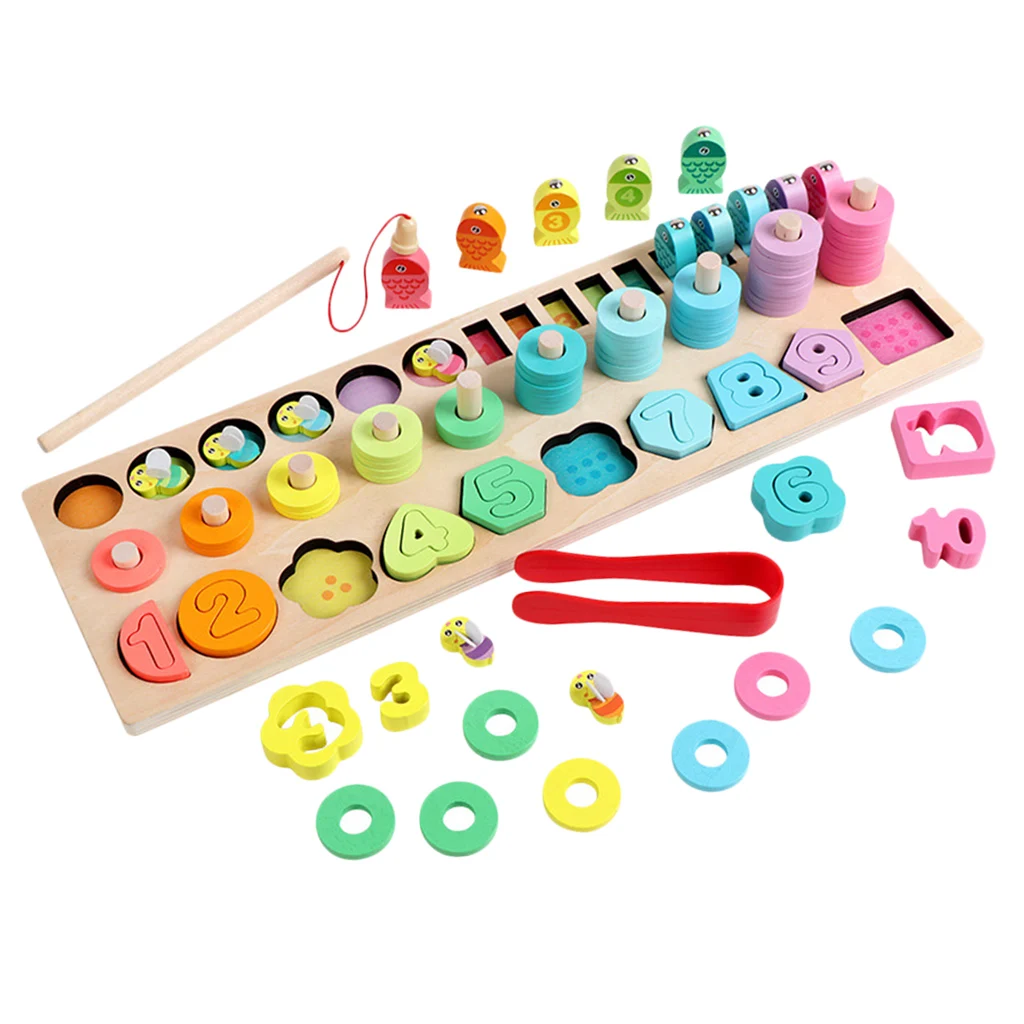 Montessori Wood Blocks Puzzle Board Game Set for Toddlers Kids Early Development, Colors & Numbers Recognition Toy, 5-IN-1