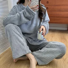 Winter Pyjamas Set Women's Flannel Pajamas Autumn And Warm Coral Bath Velvet Suit Female Sleepwear Robes 2021 Clothes
