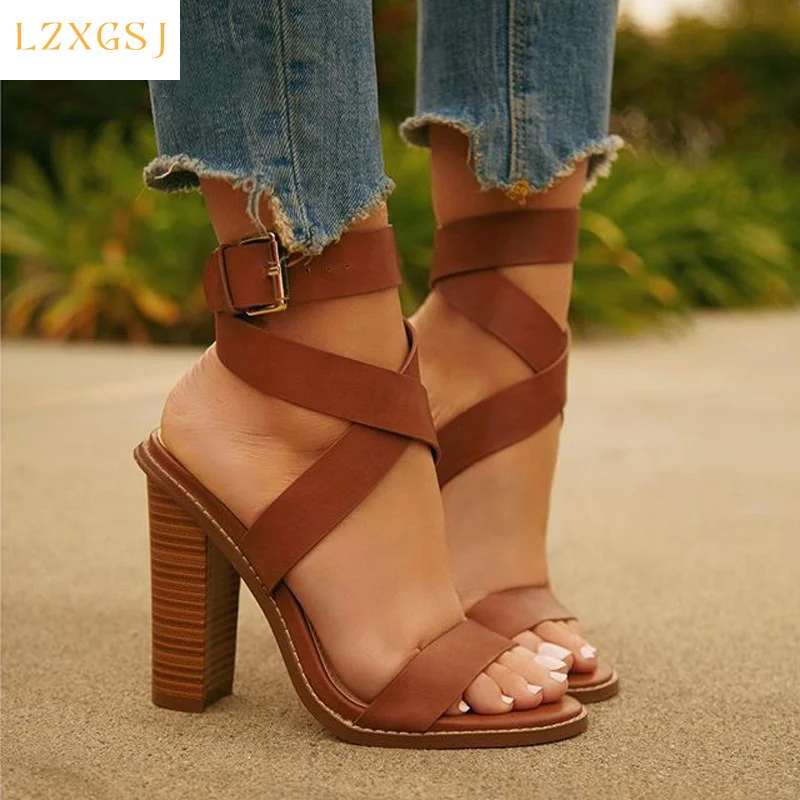 Faux Leather Women Sandals Thick High-heeled Fashion Cross Strap Sandal Ankle  Strap Open Toe Ankle Buckle Lady Shoes Black Brown - Women's Sandals -  AliExpress
