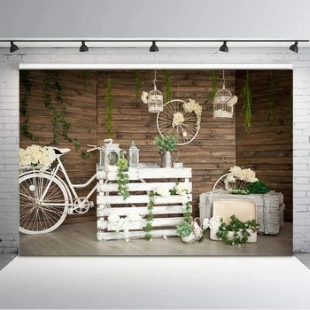 

White Bicycle Wreath Photography Backdrops For Weeding Backdrop Rustic Wood Children Birthday Backgrounds for Photo Studio
