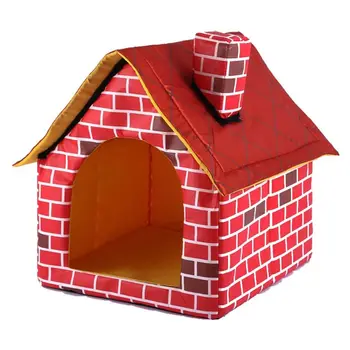 

Soft Warm Indoor Soft Dog Kennel with Chimney Pet Large House Simulation Brick Doggy Beds with Mat Indoor Polyester Nest Tent
