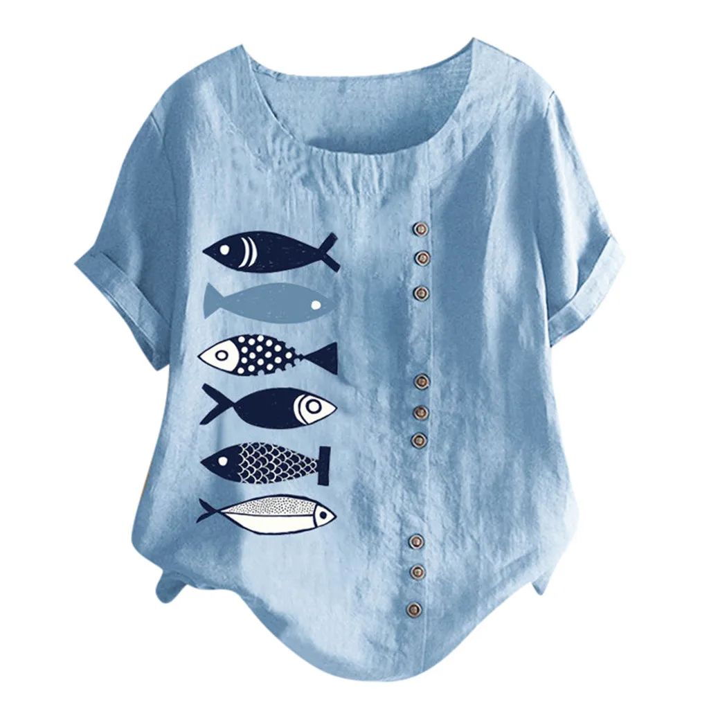 

Feitong Women Casual Plus Size O-Neck Fish Printed Loose Button Tunic Shirt Blouse Tops camisas mujer 2019 chemise femme