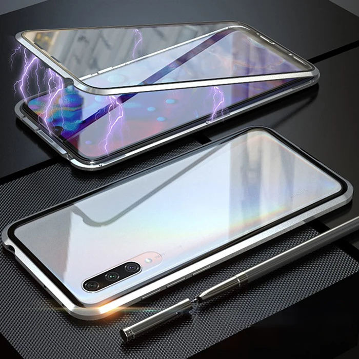 Металлический двойной Магнитный стеклянный чехол для Xiaomi Mi A3, чехол, 360 °, полностью защищенная, чехол из закаленного стекла для Xiaomi Mi A3 Lite - Цвет: Серебристый