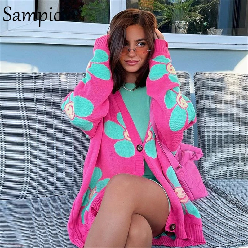 Sampic Loose Oversized Cardigans Women Winter Knitted Casual Y2K Sweater  Long Sleeve Floral Cardigans 2021 Korean Fashion Style - AliExpress