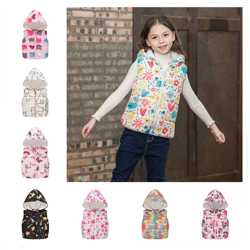 Autumn Winter Kids Vests Warm Girls Vest Coat Thicken Hooded Vest for Boys Girl Cartoon Car Dinosaur Print Sleeveless Outerwear