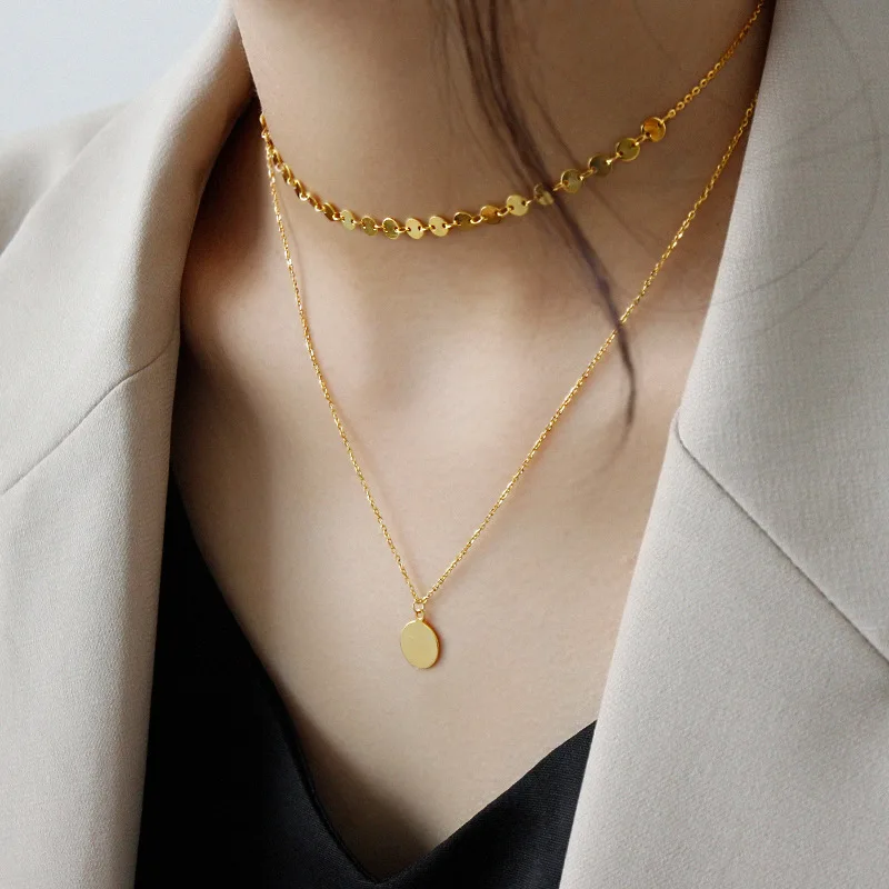 OLOEY, чистое 925 пробы Серебряное колье, корейское Геометрическая круглая Двухслойное ожерелье с блестками в горошек для женщин, подарки YMN171