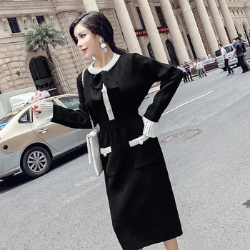 

Women Knitted 2 Piece Set 2019 Autumn Winter New Black Knitting Bow Long Sleeve Beading Pearl Pollover Sweater + Skirt Suits