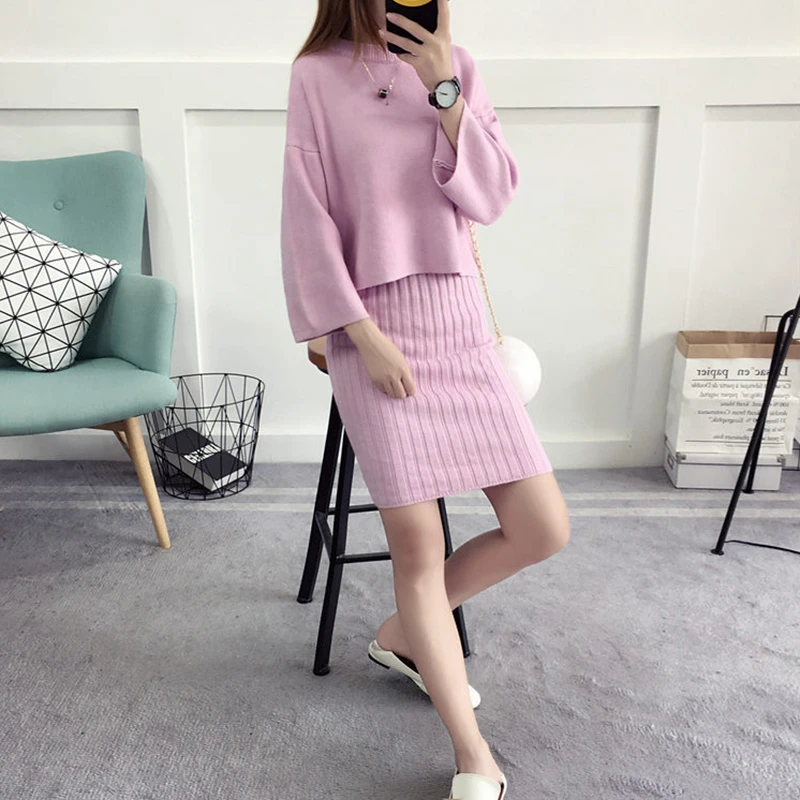 

Autumn Woman Sweater + Straped Dress Sets Solid Color Female Casual Two Pieces Suits Loose Sweater Knit Mini Dress Winter