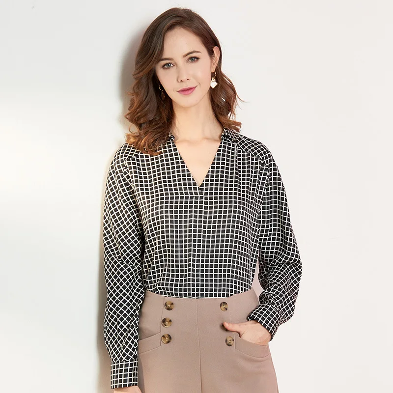 

2020 Spring Women Real Silk 100% Shirts Casual Long Sleeved Black Plaid Tops and Blouses