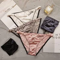 1 Pc Women Sexy Strappy Embroidered Panties Underwear Smooth Panties Low Waist Solid Color Satin Fabric Breathable Briefs