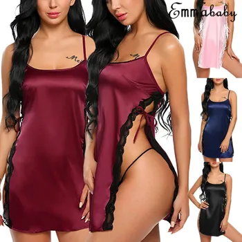

Silk Sexy Lingerie Side Split Dress Stain Lace Up Hot Erotic Babydoll Women Lace Robe Underwear Nightdress Sleepwear