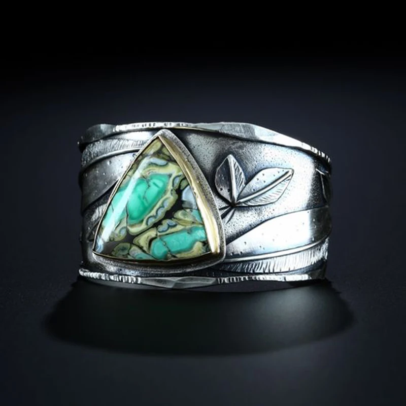 Vintage Silver Plated Leaves Carved Triangle Turquoises Ring For Women Men Punk Gothic Party Retro Jewelry T4M852 | Украшения и