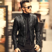 Для мужчин Осенняя мода Многофункциональный молнии Тонкий дизайн кожаная куртка Для мужчин овчины мотоцикл байкер теплый натуральная кожа куртка L208-2