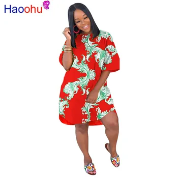 

HAOOHU Ethnic totem printing Loose Dress Short Sleeve o-neck Women Clothes summer Bohemia Casual Club Midi Dresses