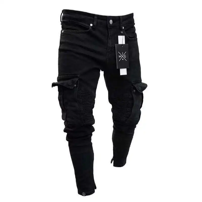 Men Biker Ripped Long Denim Trousers Skinny stretch Jeans Multi Pocket Cargo Pants Destroyed Stretchy-Black pencil Pants