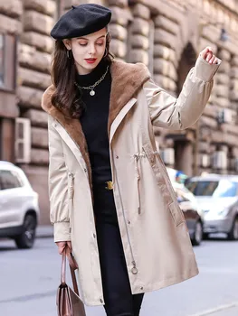 Kaufen High-End-Winter Neue Nerz GroĂen Pelz Kragen Mit Kapuze Mantel Kaninchen Pelz Liner Parka Frauen Kleidung