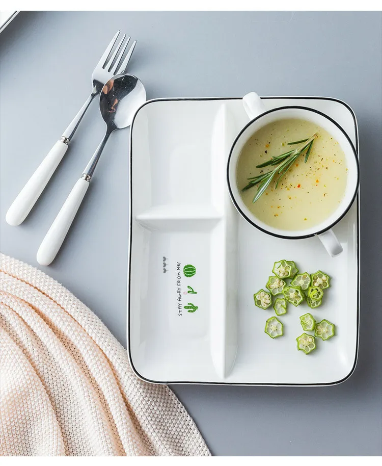 Students Eating Three-lattice Plate Children fen ge pan One Person Food Breakfast Tableware Restaurant Canteen Snack Plate Ceram