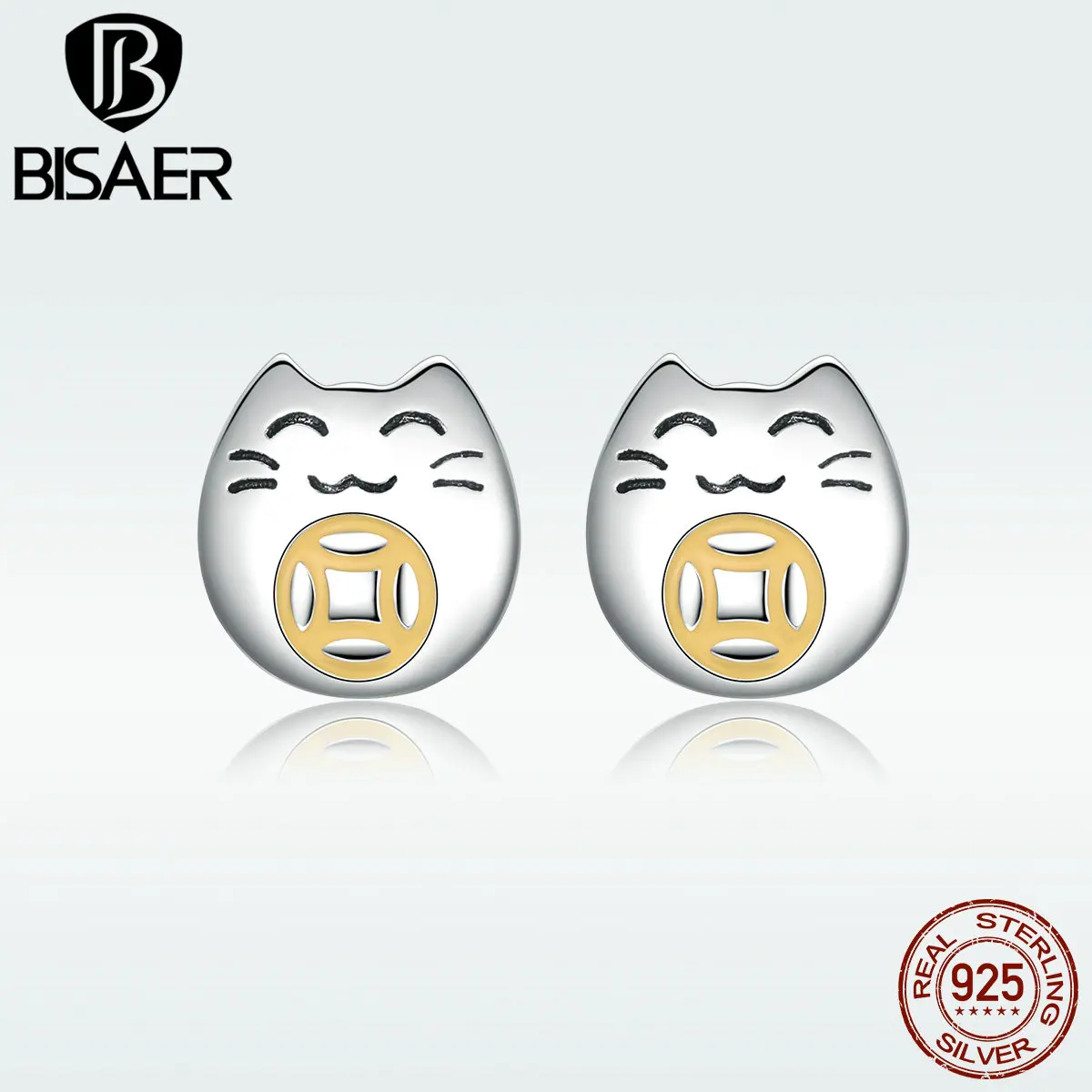BISAER серьги-гвоздики ювелирные изделия животные прекрасная счастливая кошка ювелирные изделия для Wowen 925 пробы серебряный модный подарок вечерние HSE636