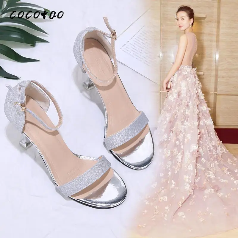 

2020 New Style High-heeled Sandals Women Summer Fine Heel Sexy Fashion Wild Silver Open-toed Square Toe High Heel Fairy Shoes