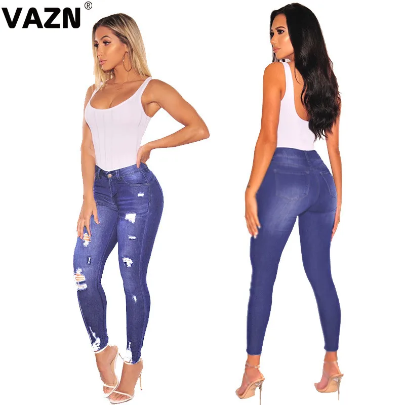 VAZN YP9021, новинка, 2 цвета, для снижения возраста, Неопрятные, популярные, с дырками, одноцветные комбинезоны, высокая талия, для женщин, длинные, джинсовые, тонкие, узкие джинсы, брюки - Цвет: Light blue