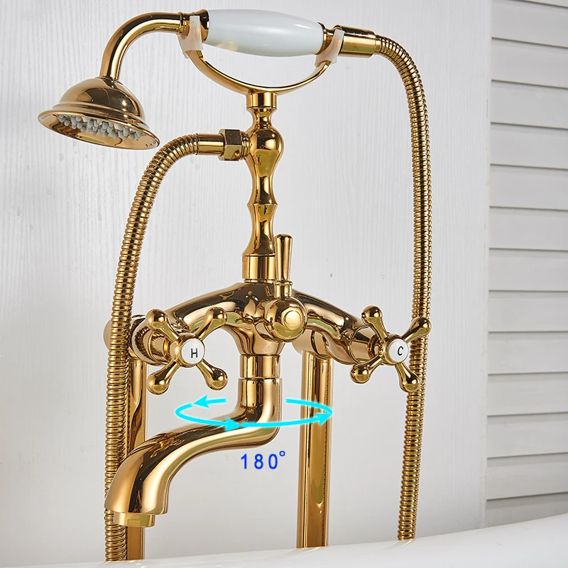 Shower Set Antique Brass Floor Mounted Tub Sink Faucet Dual Handle Bath Shower for Bathtub