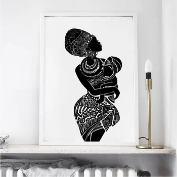 

Beautiful African Woman With Baby Bedroom Wall Art Canvas Painting Black and White Wall Picture Poster Modern Print Home Decor