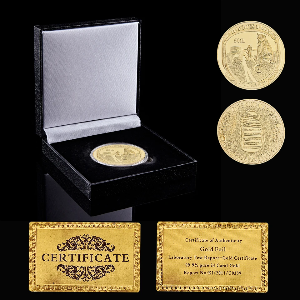 

2019 50th Anniversary Apollo 11 Moon Landing Mercury Gemini Gold/Silver Plated Commemorative Coin W/ Luxury Box Display