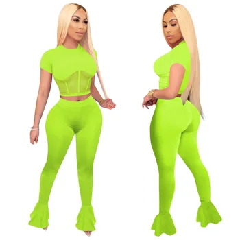 

Women's Casual Suit Spring Autumn 2020 Women's Fashion Sexy Elastic Tight Mesh Stitching Solid Color Flared Pants Two Piece Set