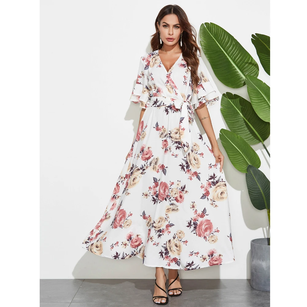

Summer Muslim Women Floral Print Long Dress Flare Sleeve V Neck Maxi Dresses Abaya Kaftan Jilbab Turkish Caftan Islamic Clothing