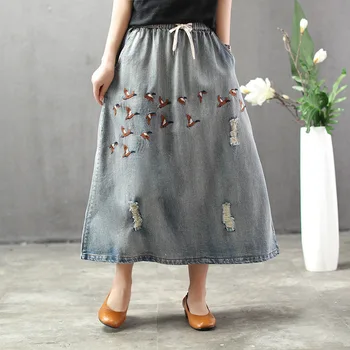 

Birdie Embroidery Denim Skirts Spring Summer Women Loose Ripped Elastic High Waist A-Line Skirt Female Retro Art Midi Skirts