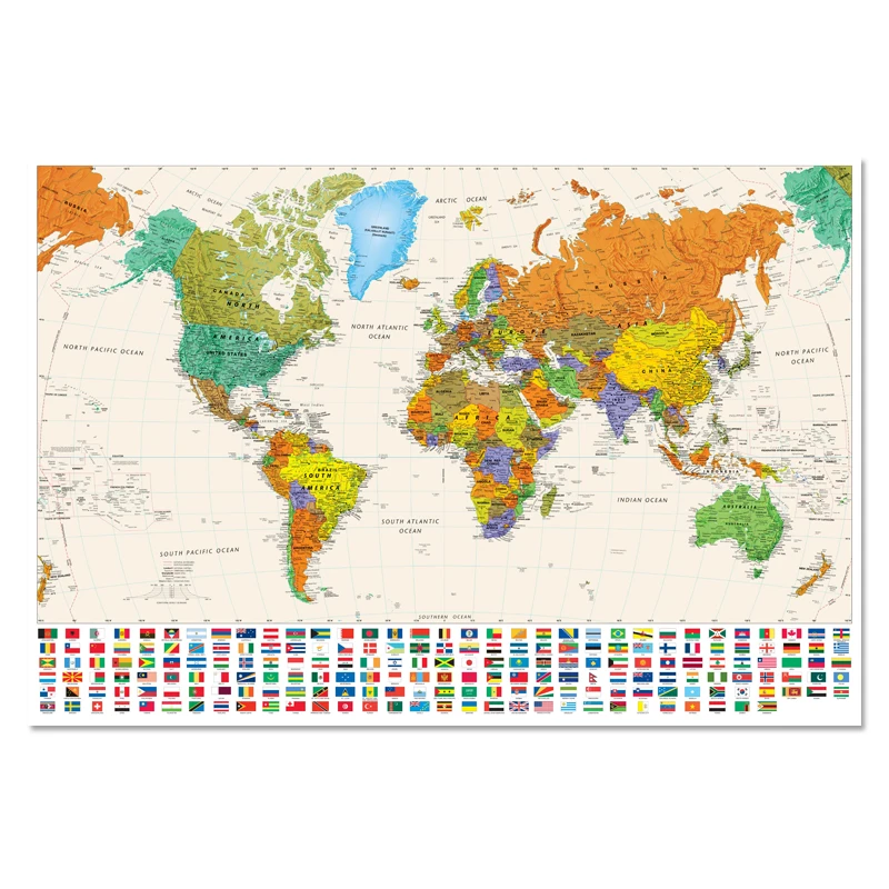 Poster Size World Map - Color World Map With Flag Poster Size Wall Decoration World Big Map 60x80cm Oil Canvas Map