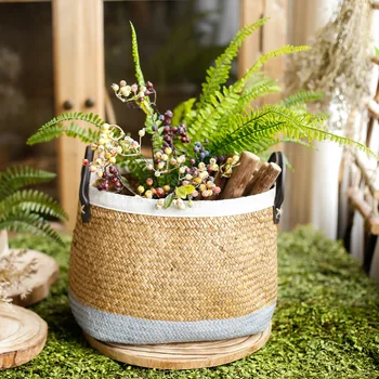 

Nature Seagrass Storage Basket Rattan Makeup Organizer Wicker Toy Container Handmade Flowerpot Laundry Baskets with Handle
