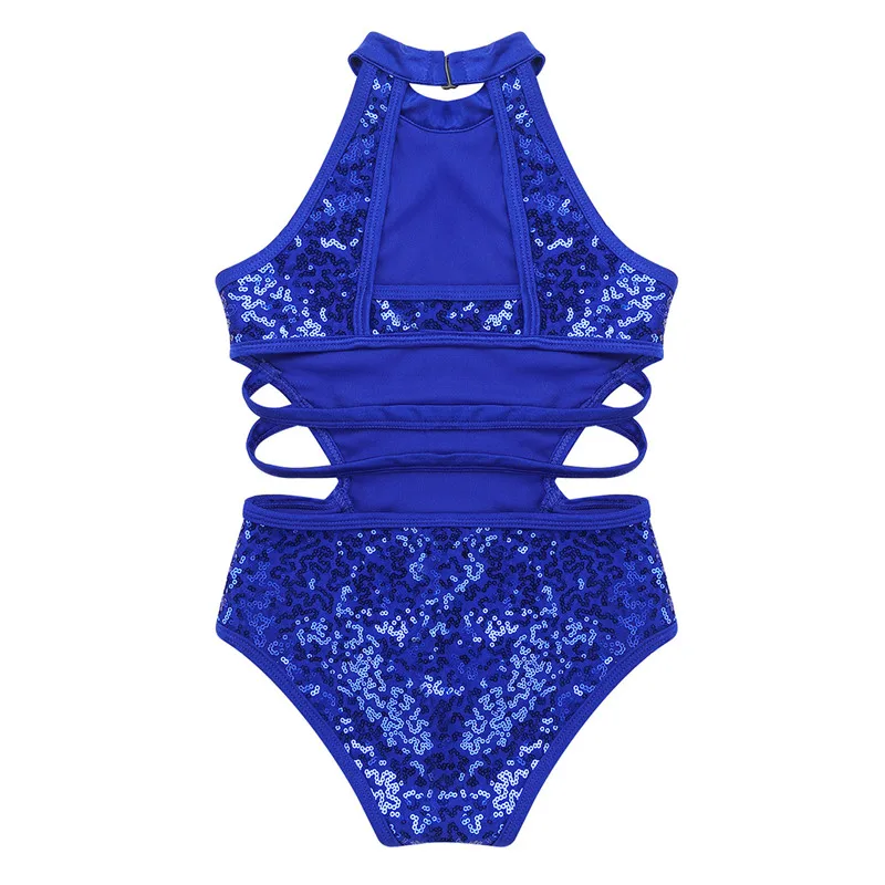 Kids Girls Gymnastics Leotards Child Sparkly Sequins Dancewear Sleeveless Cutouts Back Strappy On Waist Ballet Dance Jumpsuit Children Dance Leotards Gymnastics Dancewear Sets