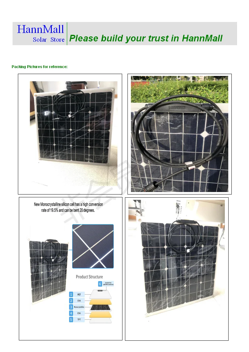 HannMall 18V 50W Flexible Solar Panel Solar Charger For 12V Car Battery Monocrystalline Cells For Hause,boat,roof with MC4 Cable