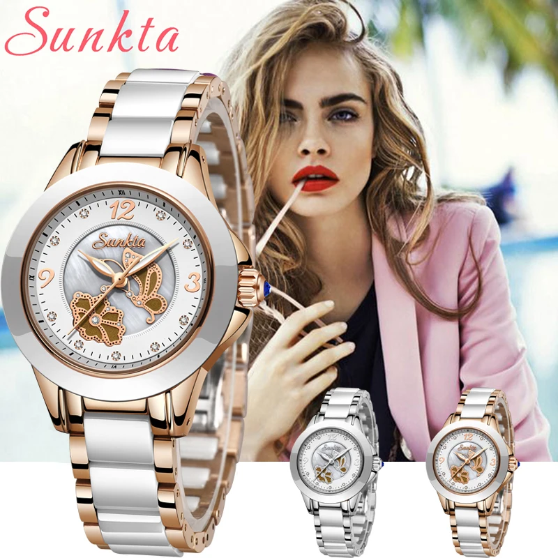

SUNKTA Fashion Women Watches Rose Gold Ladies Bracelet Watches Reloj Mujer 2019New Creative Waterproof Quartz Watches For Women