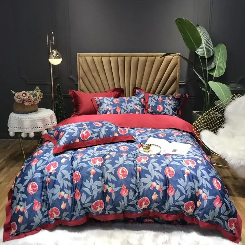 

Egyptian cotton Bedding Set King Queen Size 4pcs pomegranate Duvet Cover Sets Red Color Bed Sheet Boho Bedclothes