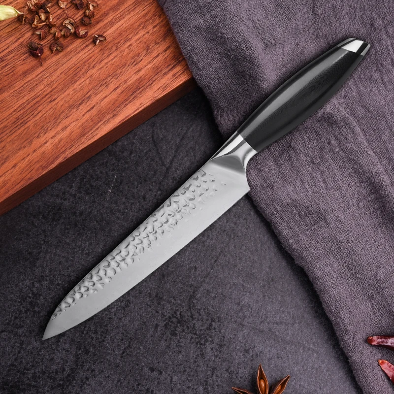

High Quality Chef Knife 8 Inch Stainless Steel Kitchen Knives Tool Cook Hammer Pattern Slicing Cleaver G10 Handle Cutting Knive