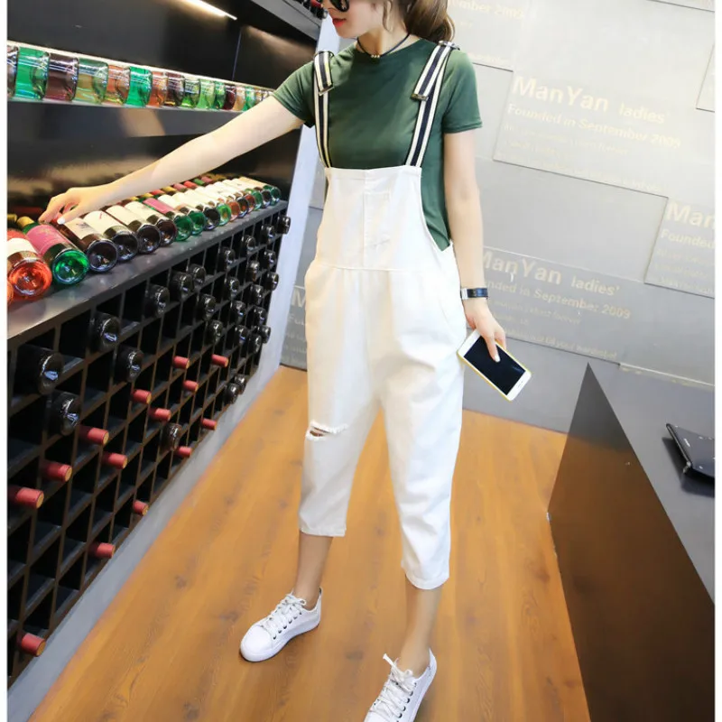 Hot Female Summer Fashion White Jumpsuit for Women Boyfriend Holes Harem Pants Romper Casual Calf-Length Loose Overalls