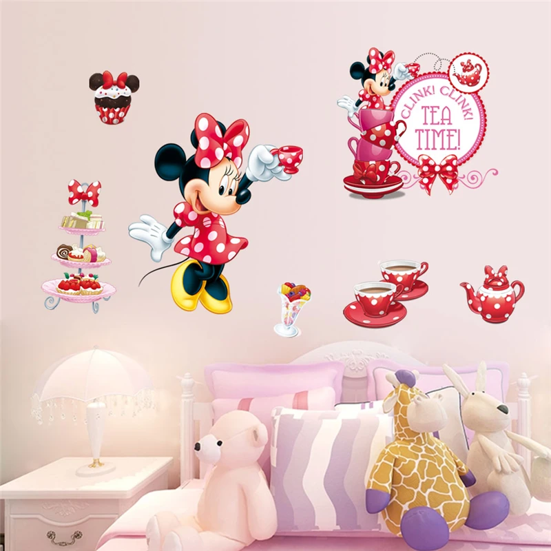 cartoon minnie drink tea and eat cake wall stickers for kids rooms home decorations disney decals pvc mural art diy posters | Дом и сад