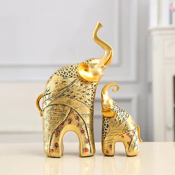 

European-style Elephant Mother-child Resin Maison Crafts Antique Home Decor Living Room Wine Cabinet Figurine Wood Decoration