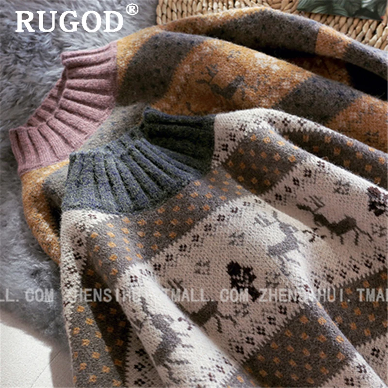 RUGOD Fashion round neck women knitted sweater Auturm Winter warm printed thicken knitwear female Vintage Christmas sweater