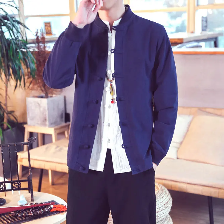 New Traditional Chinese Style Jacket Coat Men Cotton Linen Loose Mens Jackets Solid Casual Coat Male Plus Size M-5XL