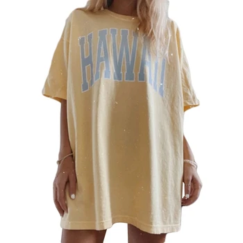 

90s Retro Women Summer Yellow Top Loose Casual Short Sleeve O Neck Letter Printed HAWAII Printed Female Vintage Street T-shirt