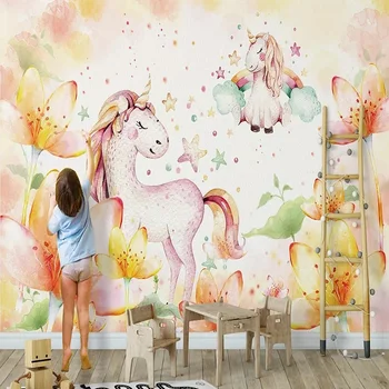 

Custom large mural 3D wallpaper Nordic modern cartoon unicorn pink baby bedroom mural TV back wall decor deep 5D embossed