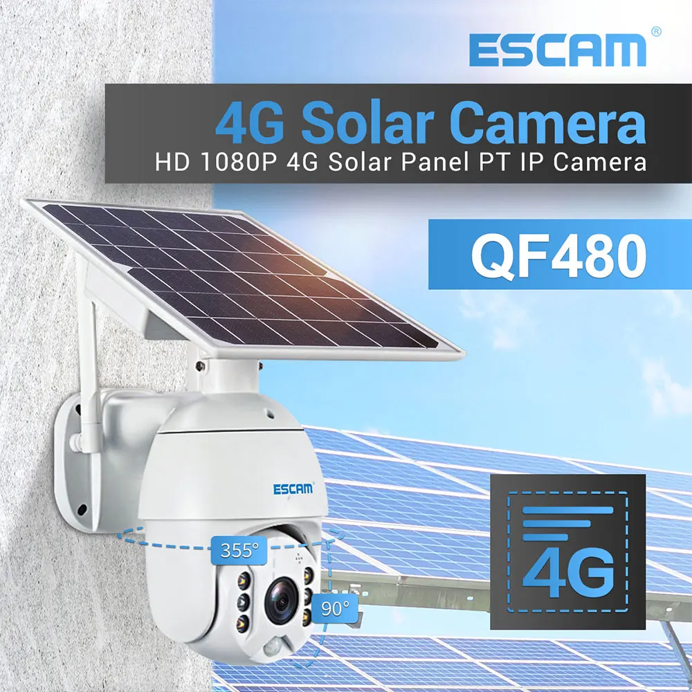 ESCAM QF480 1080P Облачное хранилище PTZ 4G Батарея PIR сигнализация IP Камера с Панели